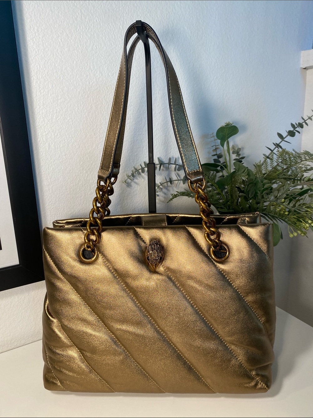 NWT Kurt Geiger Quilted Leather Soho Tote In Metallic Gold